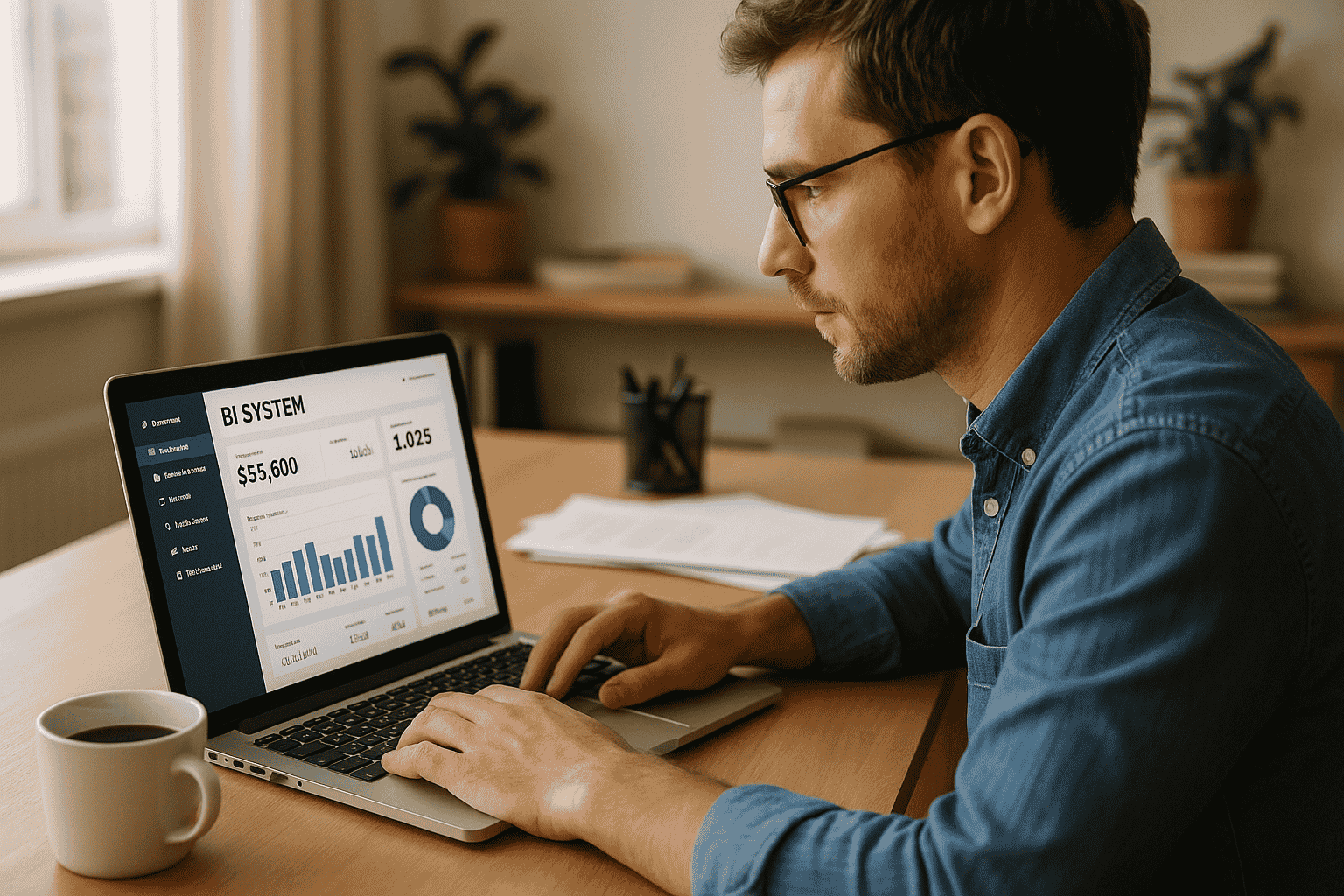 Dataanalytiker jobbar med BI system för smarta insikter